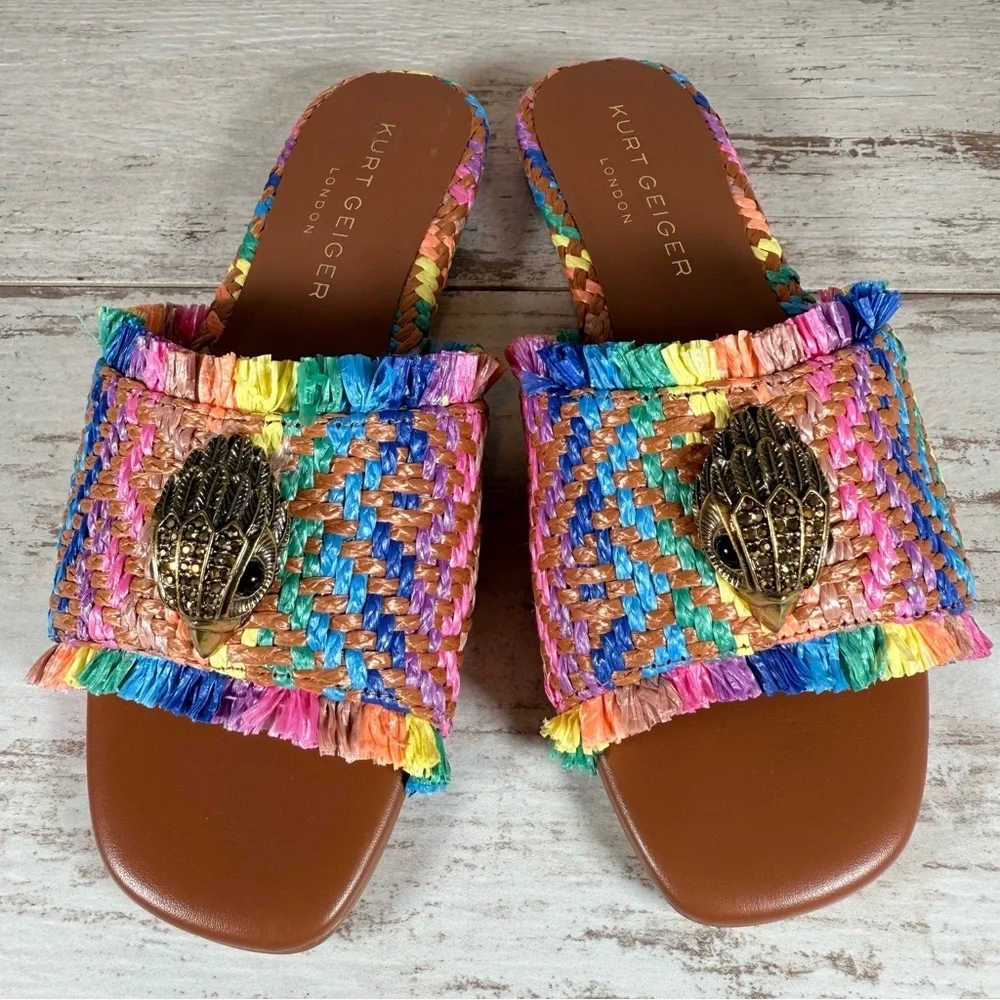 Kurt Geiger Kensington Eagle Casual Flat Raffia Slide Sandals EU 37 New Rainbow - Picture 3 of 16